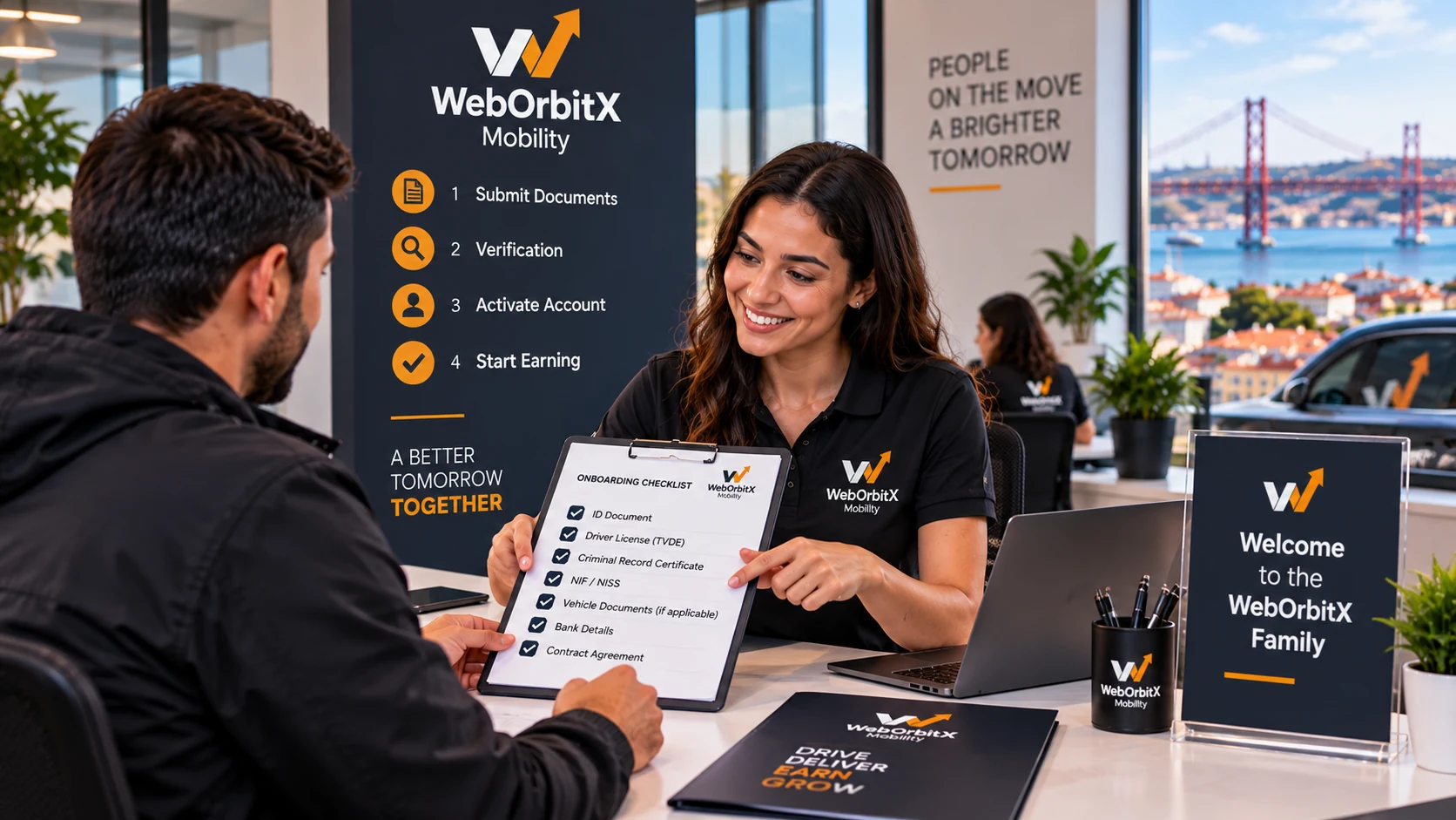 A WebOrbitX Mobility adviser showing a driver the onboarding checklist: ID, licence, criminal record certificate, NIF and bank details