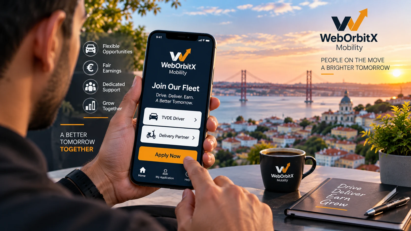 A driver applying to join the WebOrbitX Mobility fleet on his phone, choosing between TVDE and delivery work