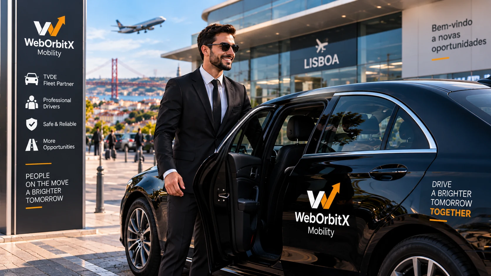 A WebOrbitX Mobility TVDE driver in a suit opening the door of a branded car outside Lisbon airport