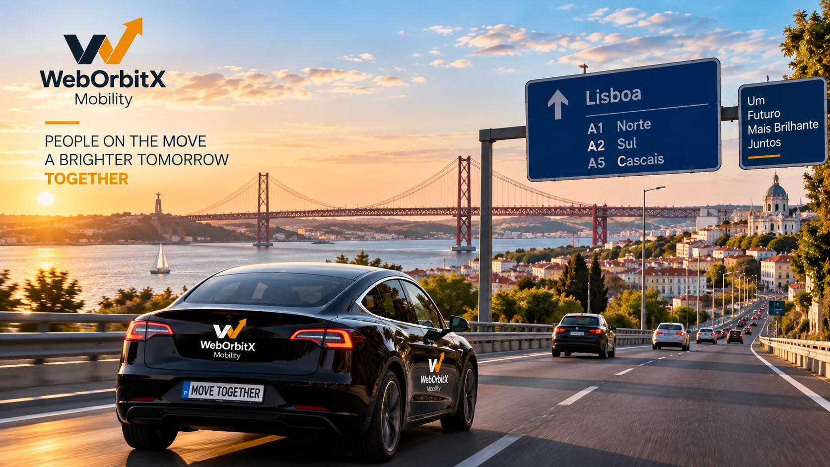 A WebOrbitX Mobility car on the motorway at sunset, beside the direction signs
