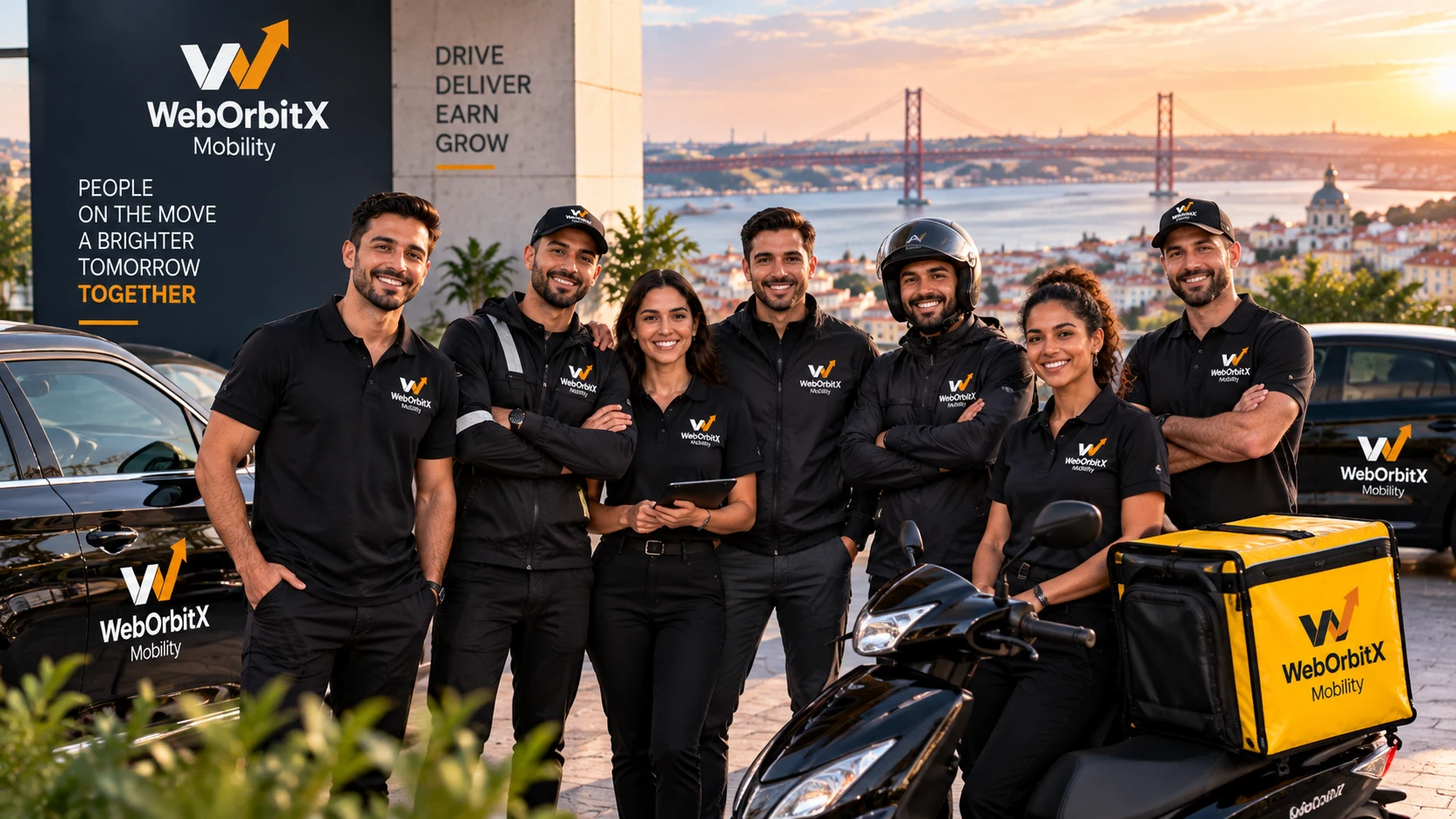 The WebOrbitX Mobility team of drivers and office staff together in front of their cars and a delivery scooter in Lisbon